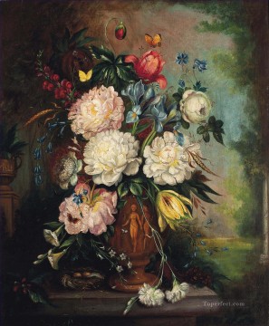 Rosas, peonías, iris, tulipanes, claveles, enredadera y cepo en un jarrón esculpido de Jan van Huysum. Pinturas al óleo